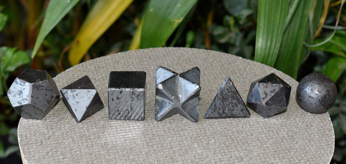 7 pcs Hematite Platonic Solids Sacred Geometric Set, Crystal Geometry Set