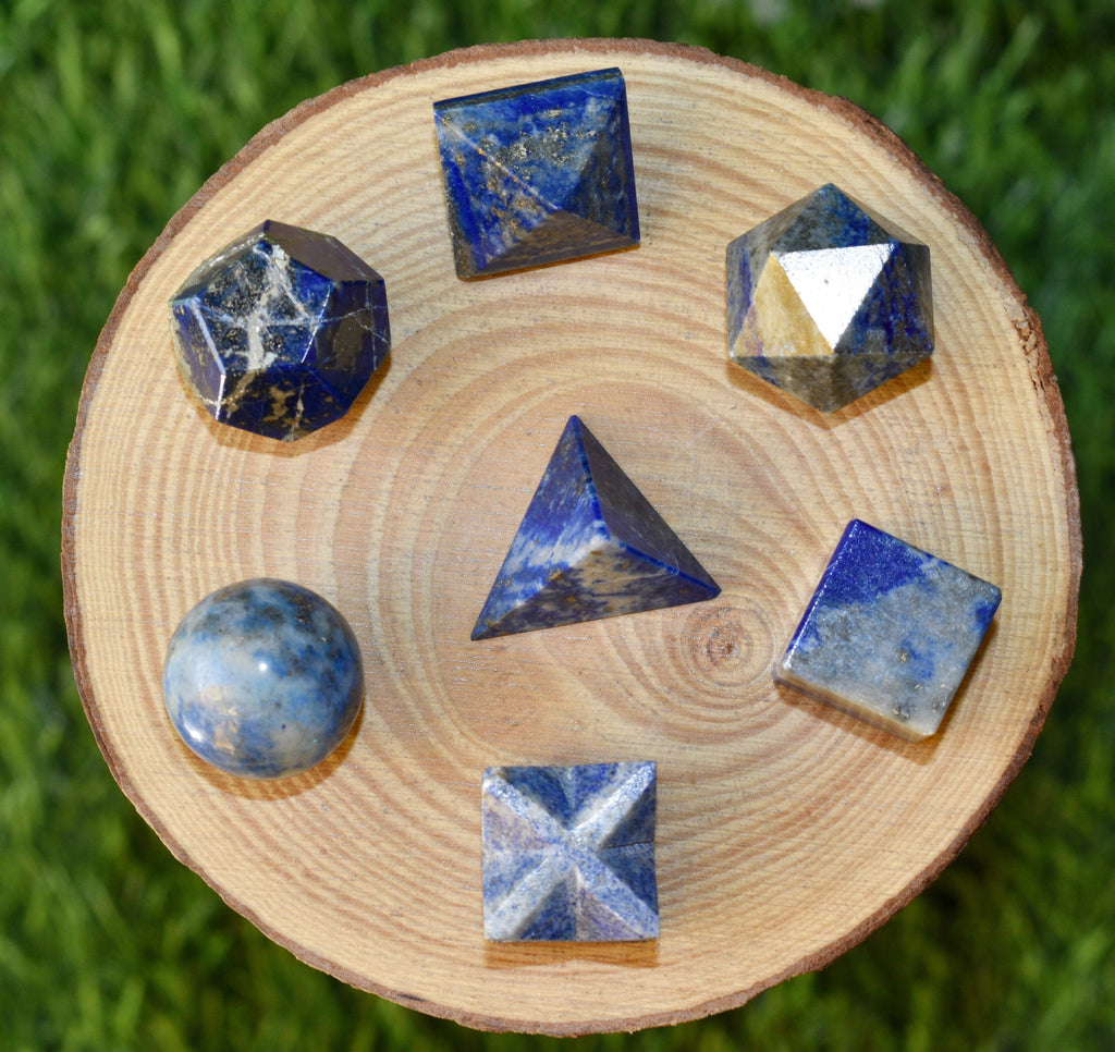 7 pcs Lapis Lazuli Platonic Solids Sacred Geometric Set, Crystal Geometry Set
