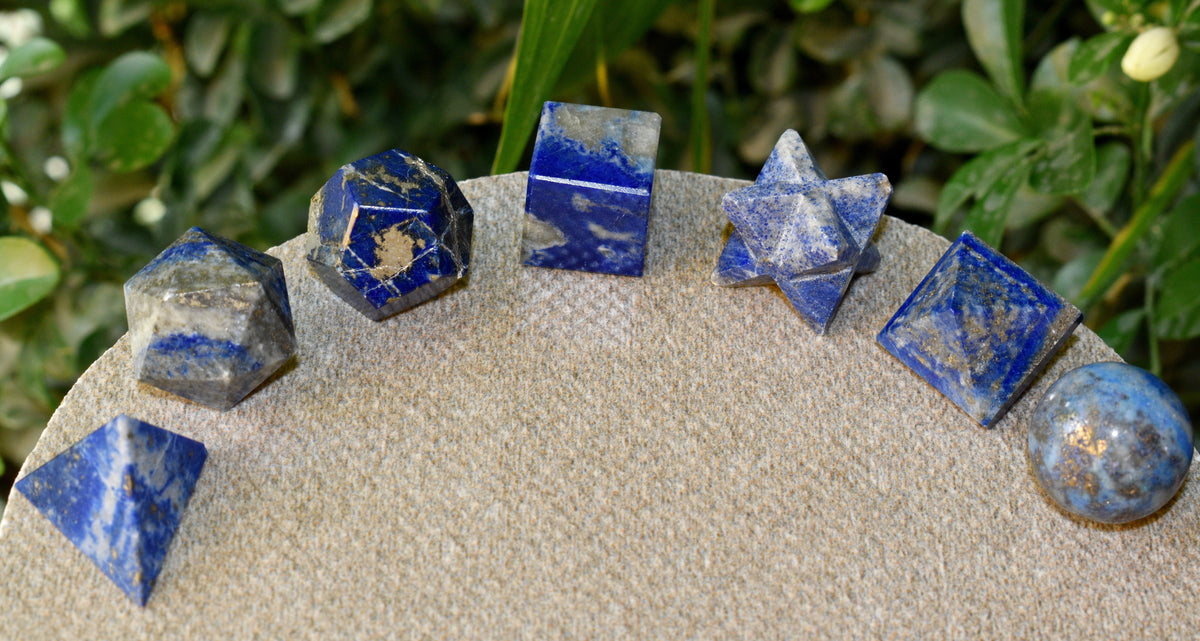 7 pcs Lapis Lazuli Platonic Solids Sacred Geometric Set, Crystal Geometry Set