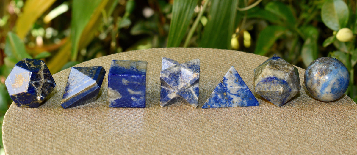 7 pcs Lapis Lazuli Platonic Solids Sacred Geometric Set, Crystal Geometry Set