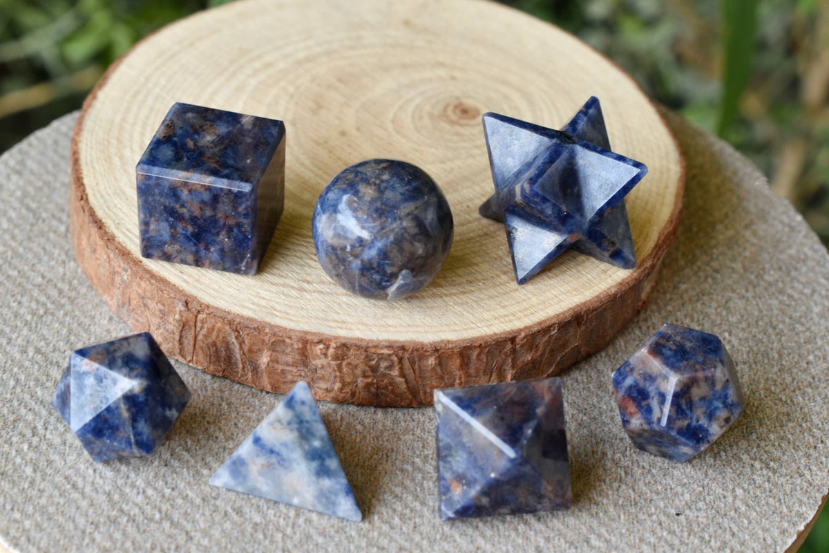 7 pcs Sodalite Platonic Solids Sacred Geometric Set, Crystal Geometry Set