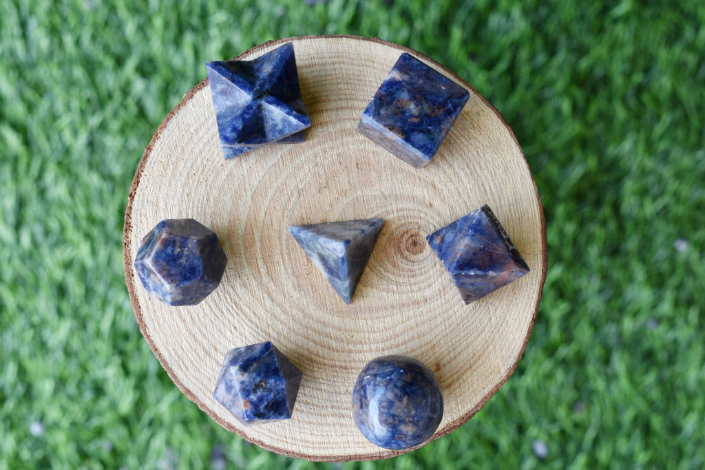 7 pcs Sodalite Platonic Solids Sacred Geometric Set, Crystal Geometry Set