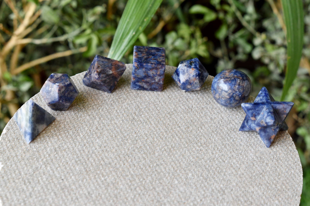 7 pcs Sodalite Platonic Solids Sacred Geometric Set, Crystal Geometry Set