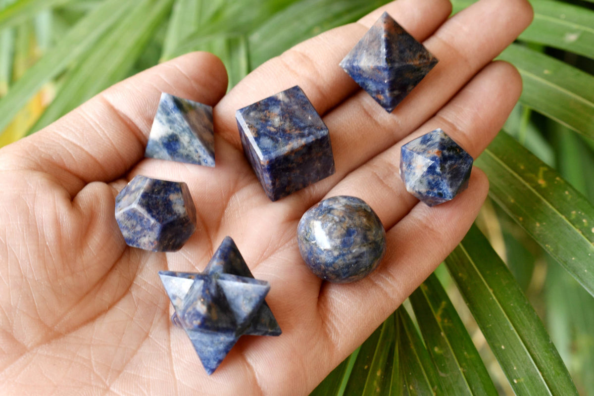 7 pcs Sodalite Platonic Solids Sacred Geometric Set, Crystal Geometry Set