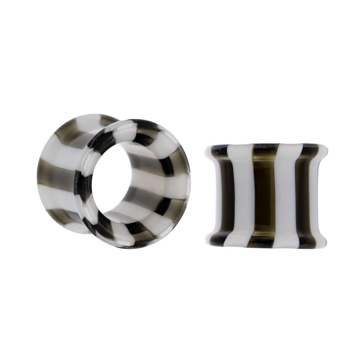 Pair Double Flare Glass Black/White Stripe Tunnel | Body Jewelry | Wiccan Center