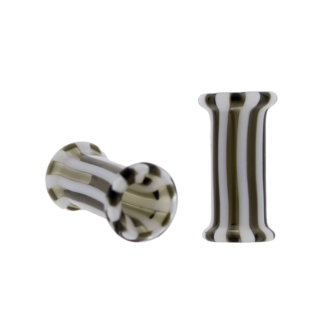 Pair Double Flare Glass Black/White Stripe Tunnel | Body Jewelry | Wiccan Center