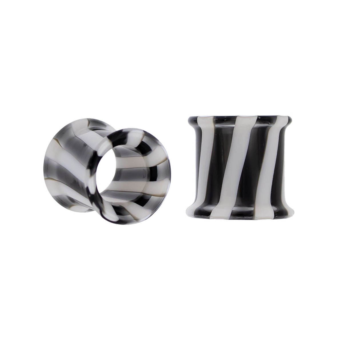 Pair Double Flare Glass Black/White Stripe Tunnel | Body Jewelry | Wiccan Center