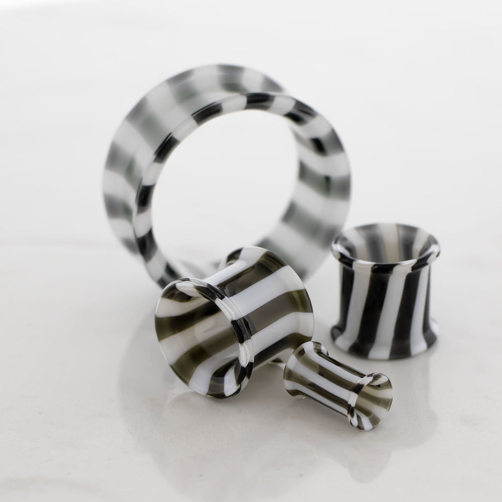 Pair Double Flare Glass Black/White Stripe Tunnel | Body Jewelry | Wiccan Center