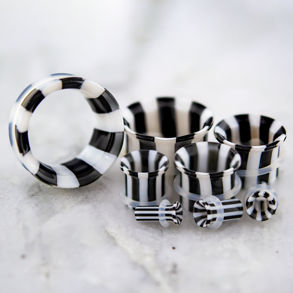 Pair Black and White Stripe Single Flare Tunnels | Body Jewelry | Wiccan Center