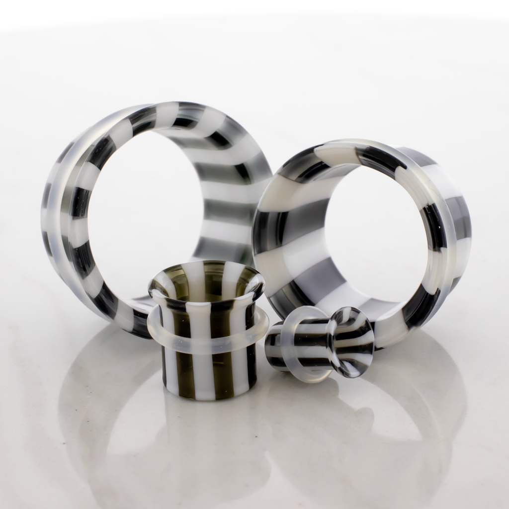 Pair Black and White Stripe Single Flare Tunnels | Body Jewelry | Wiccan Center