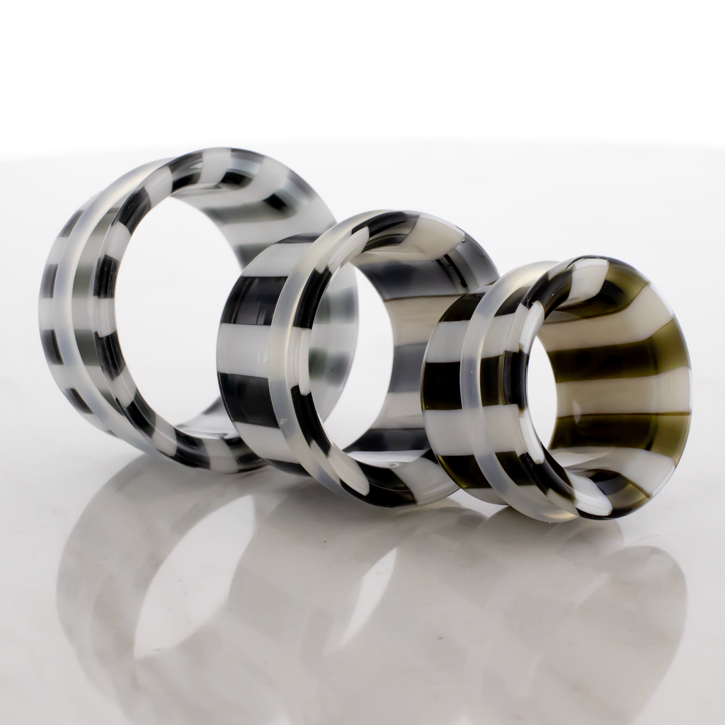 Pair Black and White Stripe Single Flare Tunnels | Body Jewelry | Wiccan Center