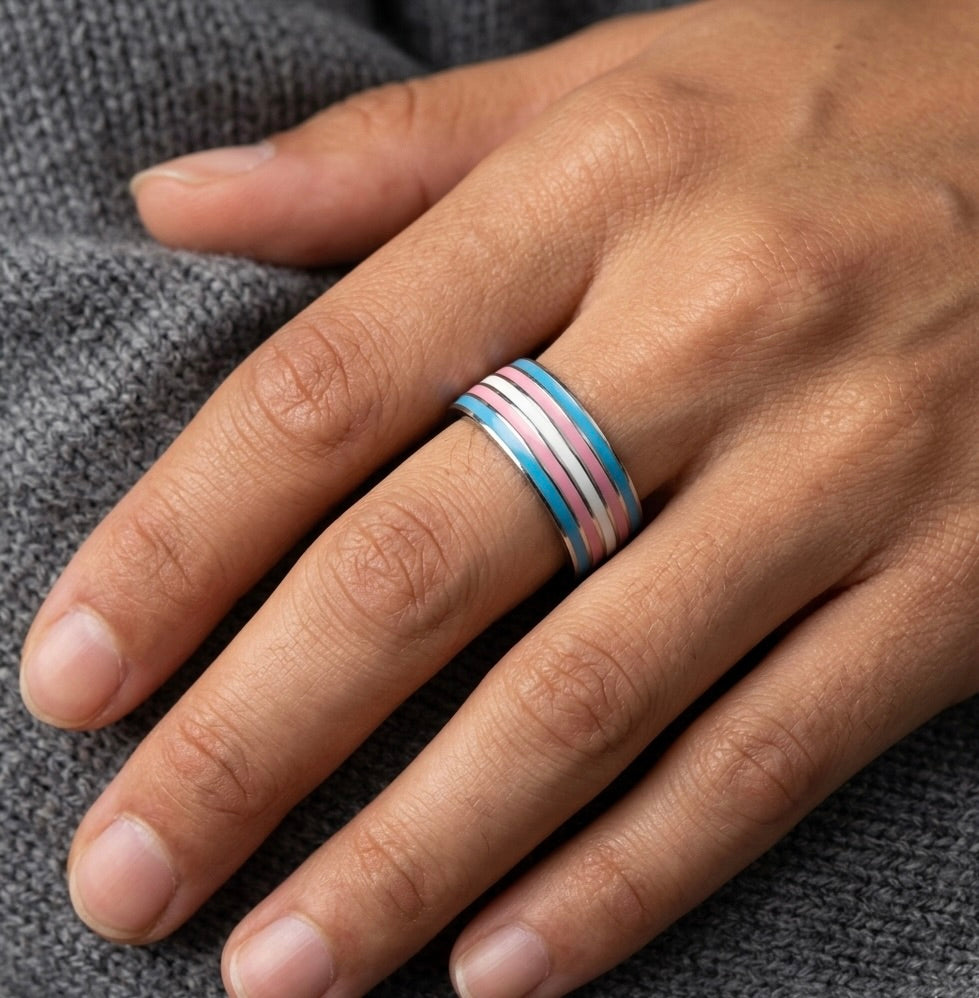 Transgender Pride Stainless Steel Ring – For Every Identity | Pink Blue White Stripe Band | LGBTQ+ Pride Jewelry | | Wiccan Center