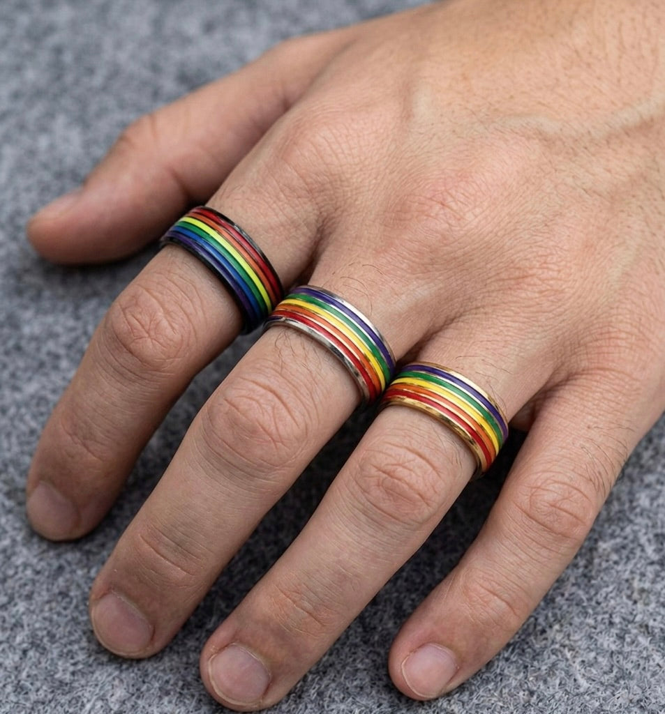 LGBTQ+ Pride Rainbow Stripe Stainless Steel Band Ring – For Every Identity | Gold, Silver & Black Enamel | Pride Jewelry Gift | | Wiccan Center