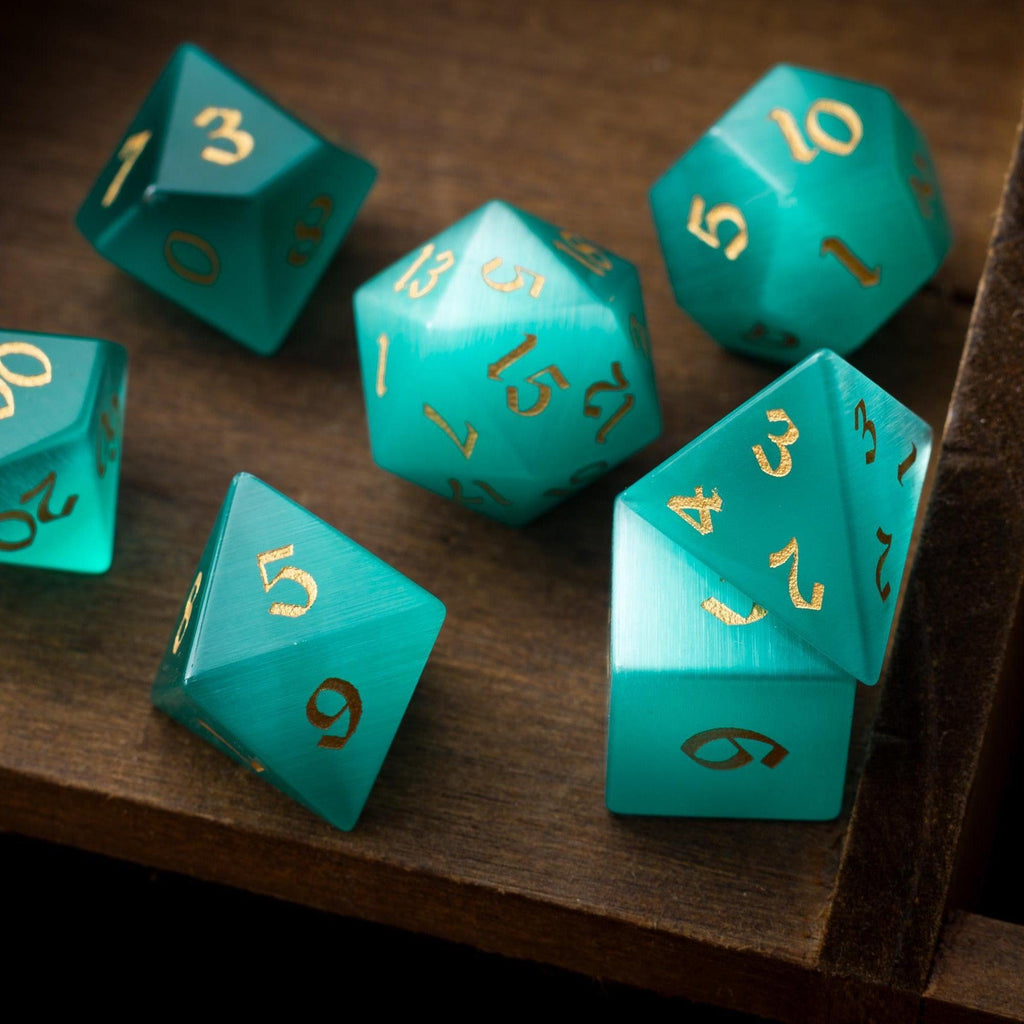 Gemstone Aquamarine Cats Eye Stone Hand Carved DND Dice Set | Gemstone Dice | Wiccan Center