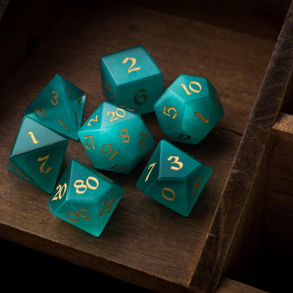 Gemstone Aquamarine Cats Eye Stone Hand Carved DND Dice Set | Gemstone Dice | Wiccan Center