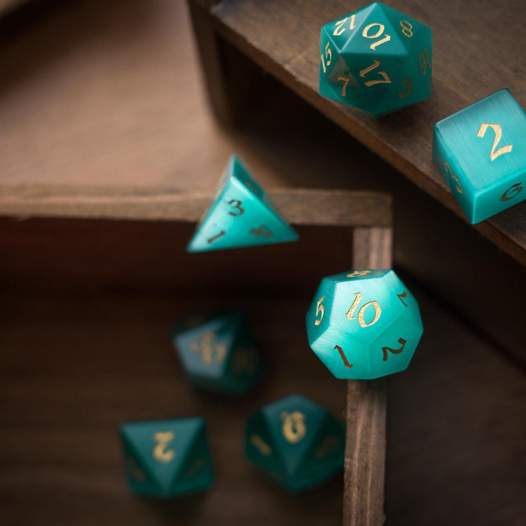 Gemstone Aquamarine Cats Eye Stone Hand Carved DND Dice Set | Gemstone Dice | Wiccan Center