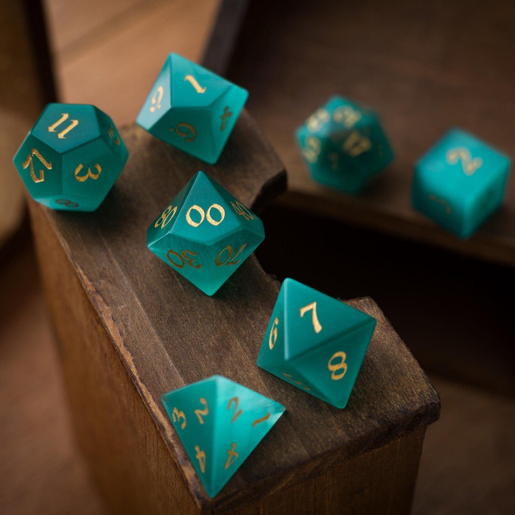 Gemstone Aquamarine Cats Eye Stone Hand Carved DND Dice Set | Gemstone Dice | Wiccan Center