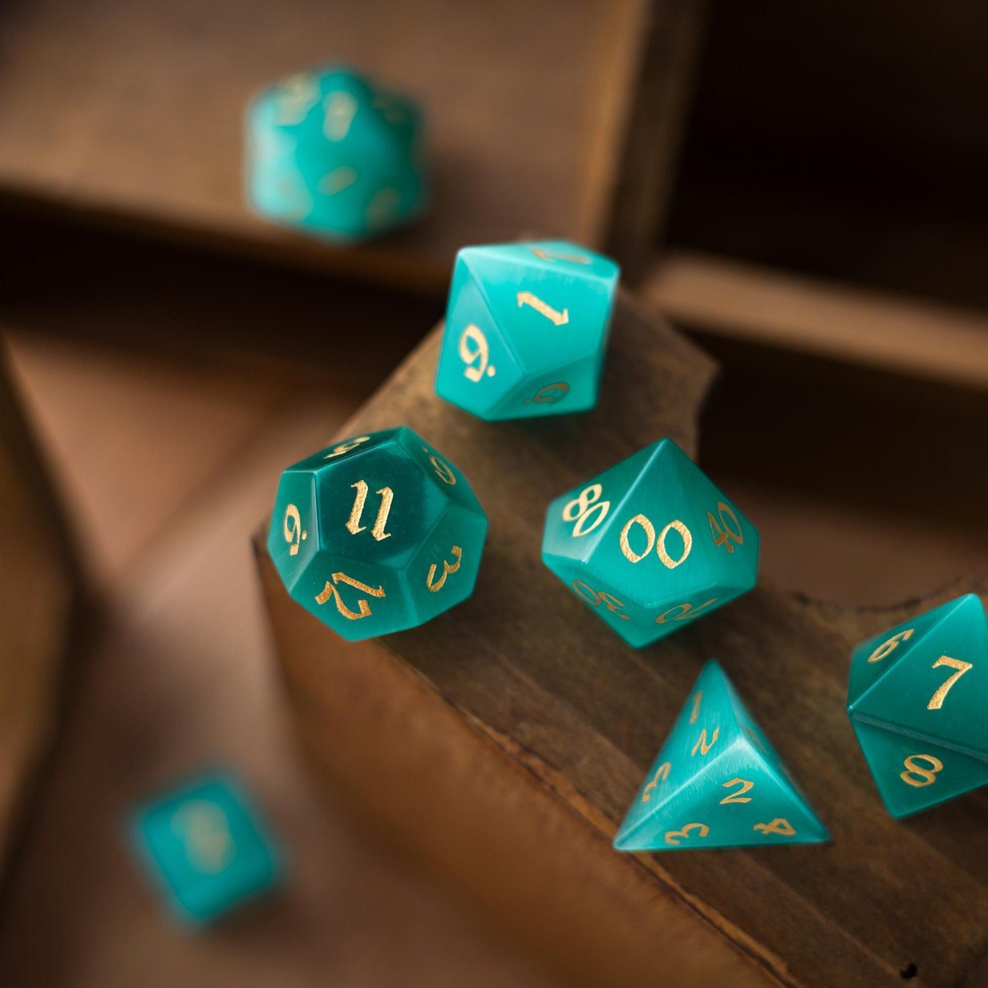 Gemstone Aquamarine Cats Eye Stone Hand Carved DND Dice Set | Gemstone Dice | Wiccan Center