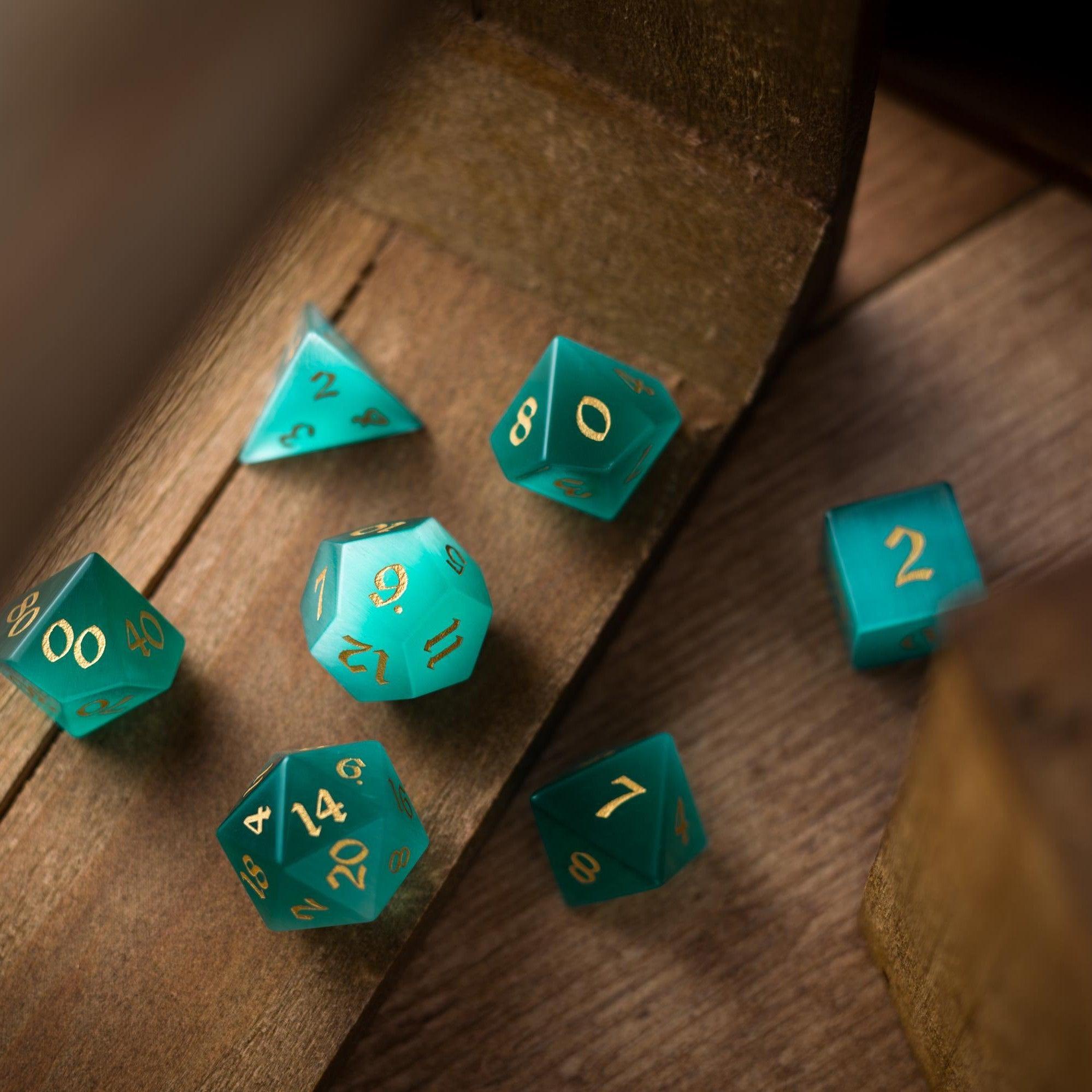 Gemstone Aquamarine Cats Eye Stone Hand Carved DND Dice Set | Gemstone Dice | Wiccan Center
