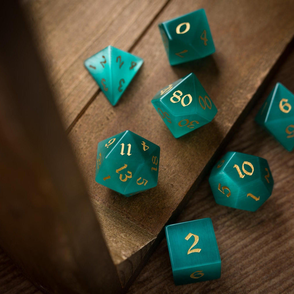 Gemstone Aquamarine Cats Eye Stone Hand Carved DND Dice Set | Gemstone Dice | Wiccan Center