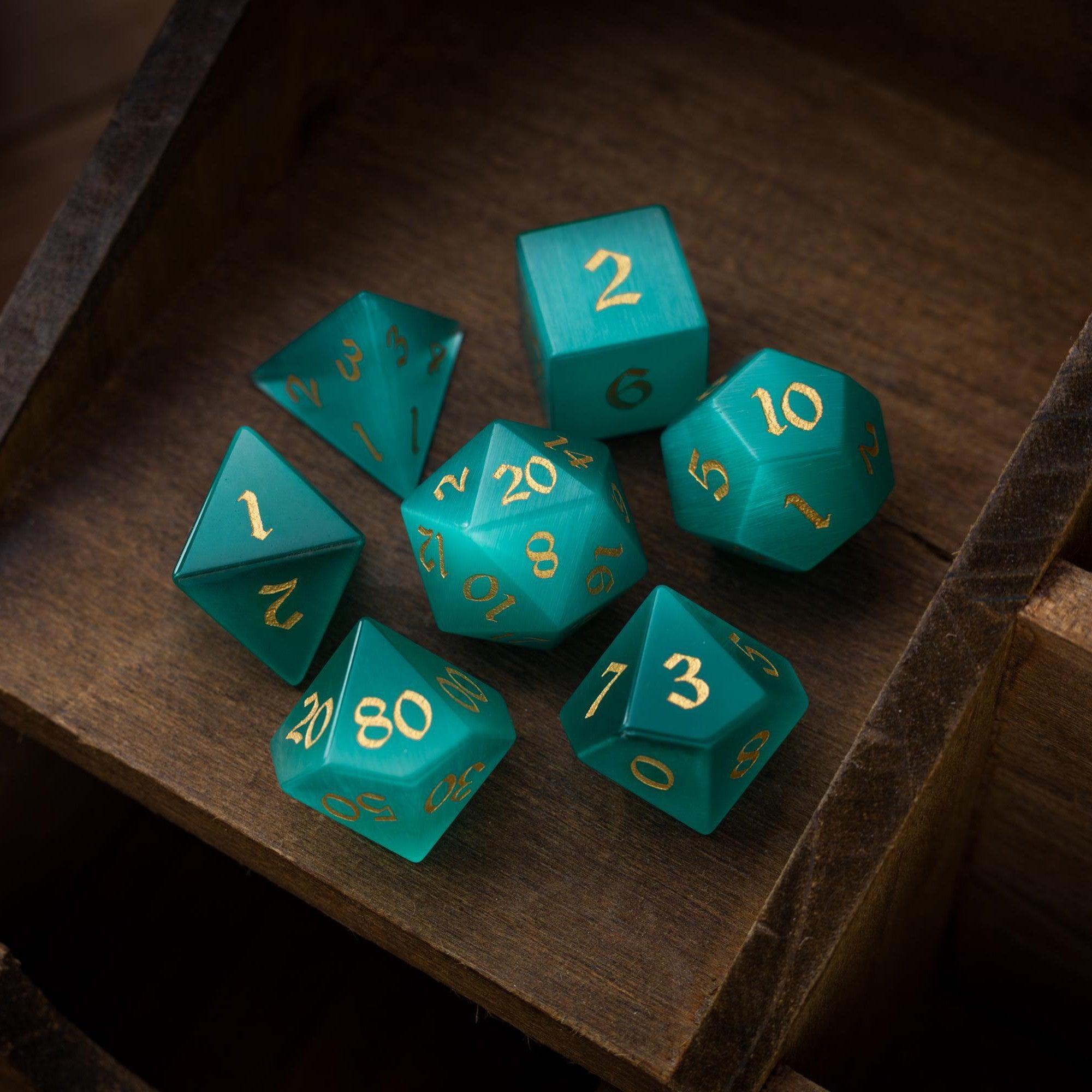 Gemstone Aquamarine Cats Eye Stone Hand Carved DND Dice Set | Gemstone Dice | Wiccan Center