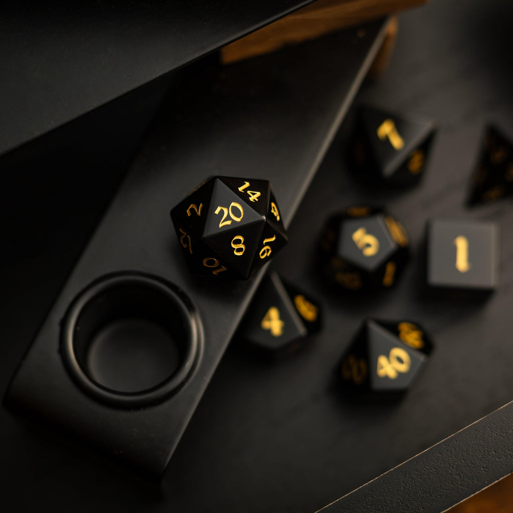 Gemstone Black Night Obsidian Hand Carved DND Dice Set | Gemstone Dice | Wiccan Center