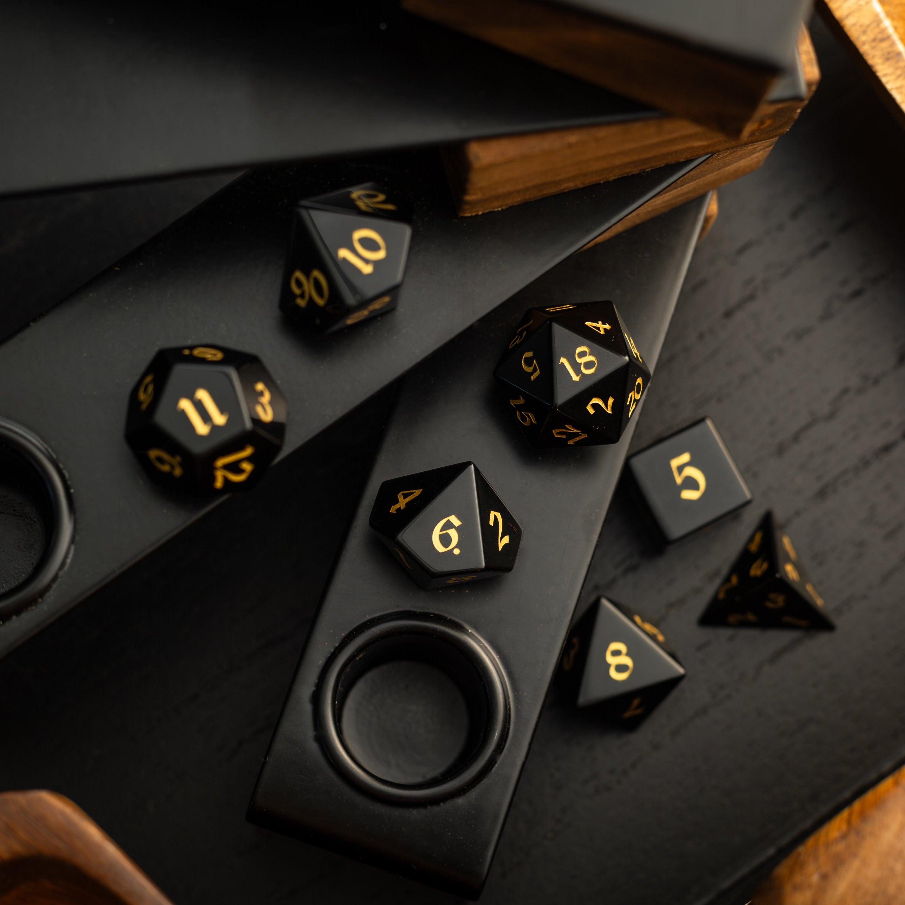 Gemstone Black Night Obsidian Hand Carved DND Dice Set | Gemstone Dice | Wiccan Center