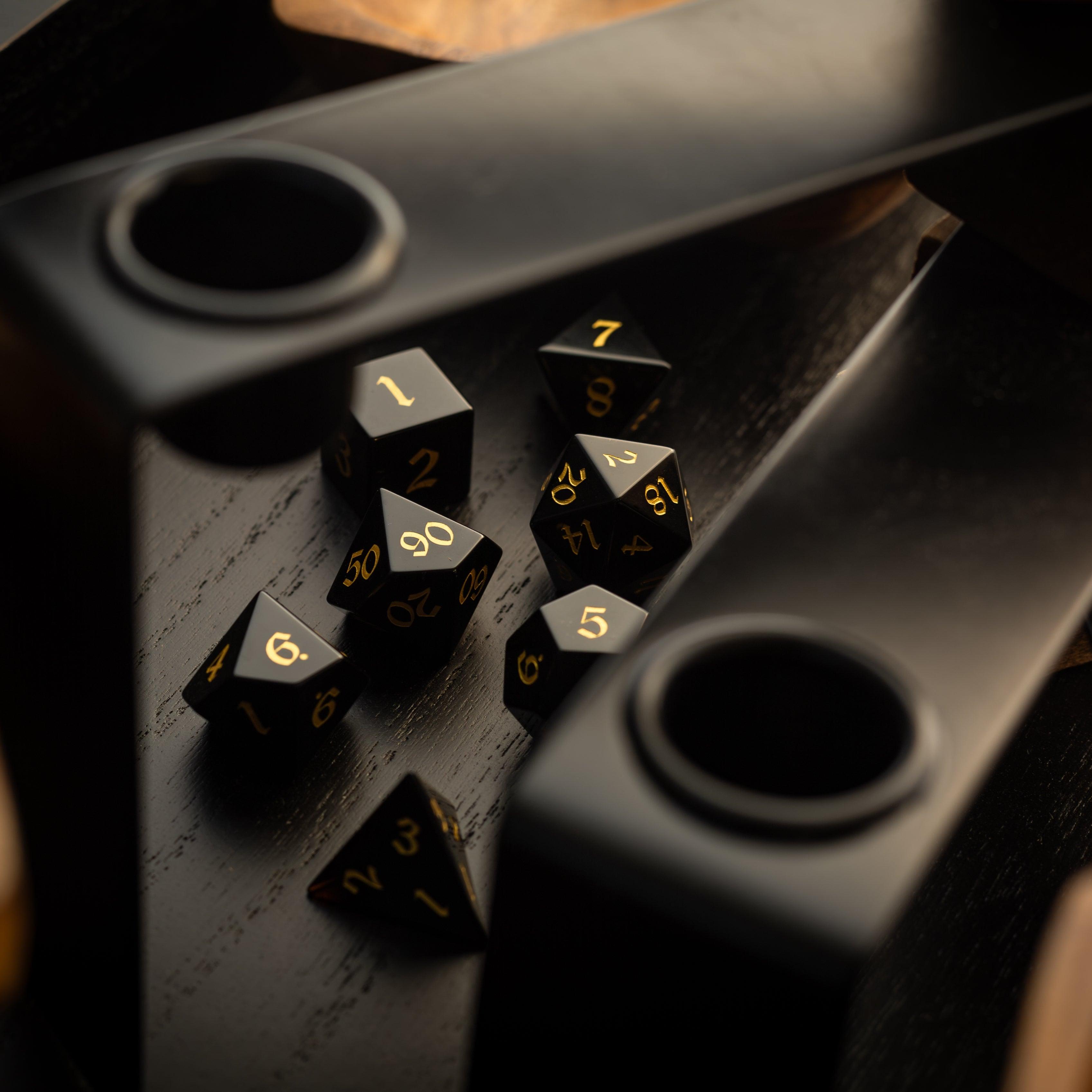 Gemstone Black Night Obsidian Hand Carved DND Dice Set | Gemstone Dice | Wiccan Center
