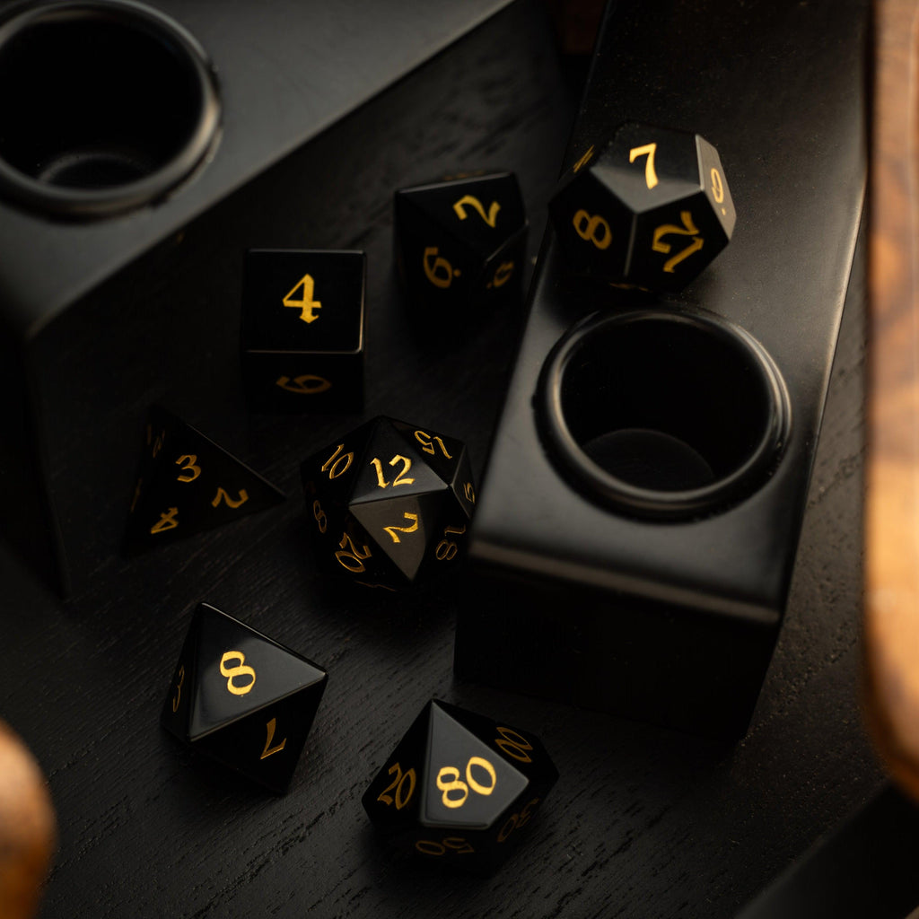 Gemstone Black Night Obsidian Hand Carved DND Dice Set | Gemstone Dice | Wiccan Center