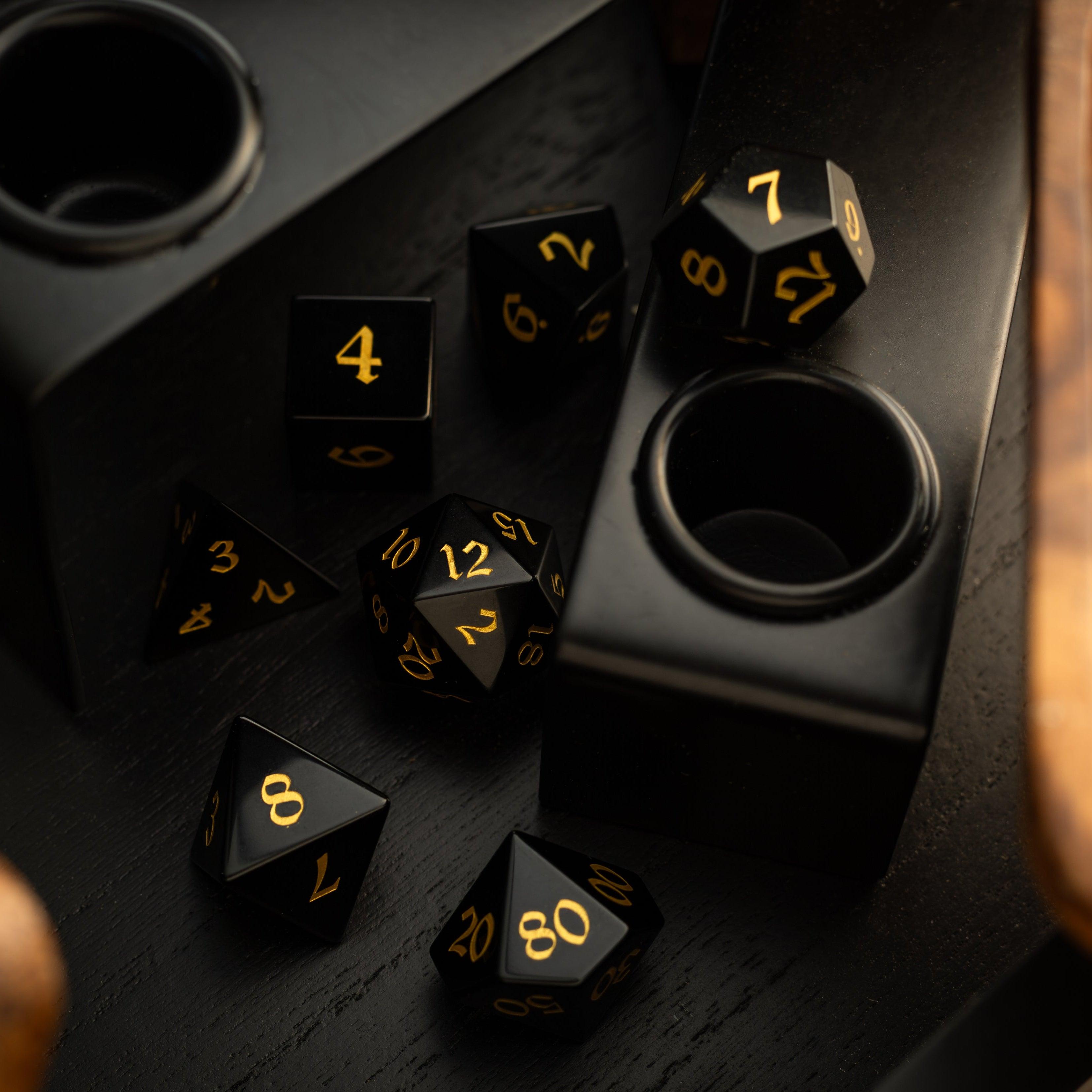 Gemstone Black Night Obsidian Hand Carved DND Dice Set | Gemstone Dice | Wiccan Center