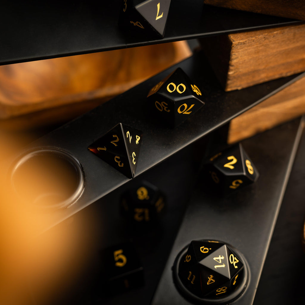Gemstone Black Night Obsidian Hand Carved DND Dice Set | Gemstone Dice | Wiccan Center