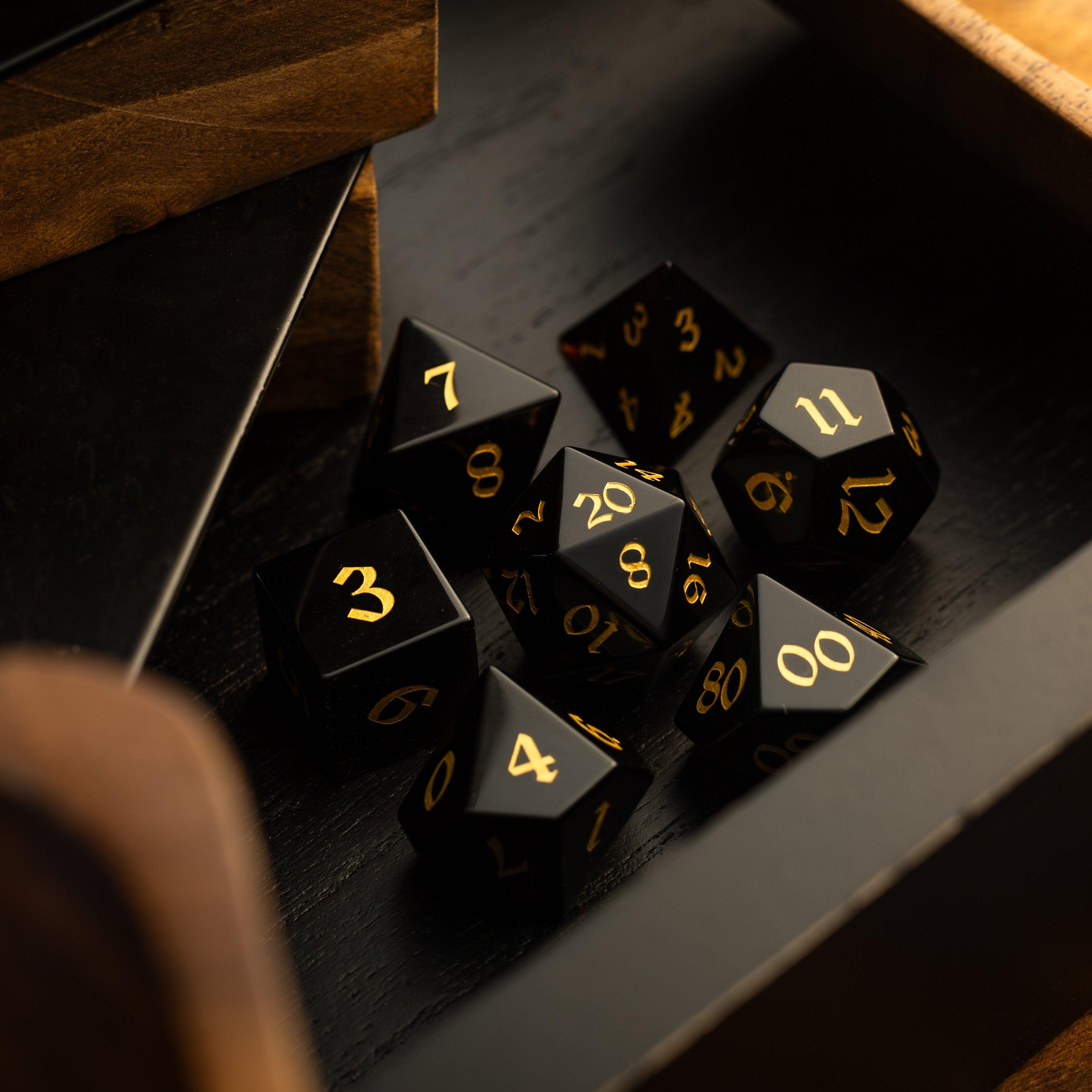 Gemstone Black Night Obsidian Hand Carved DND Dice Set | Gemstone Dice | Wiccan Center