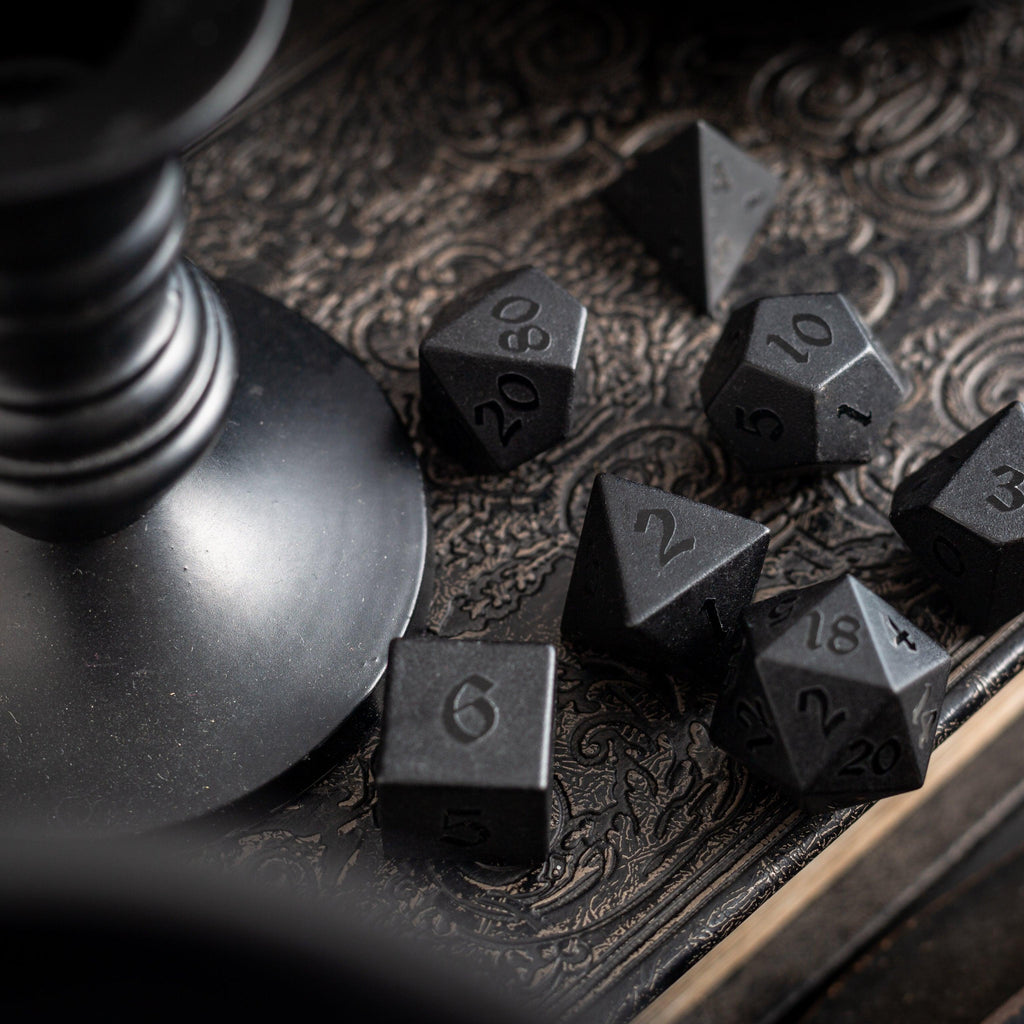 Gemstone Black Night Raised Obsidian Hand Carved DND Dice Set | Gemstone Dice | Wiccan Center