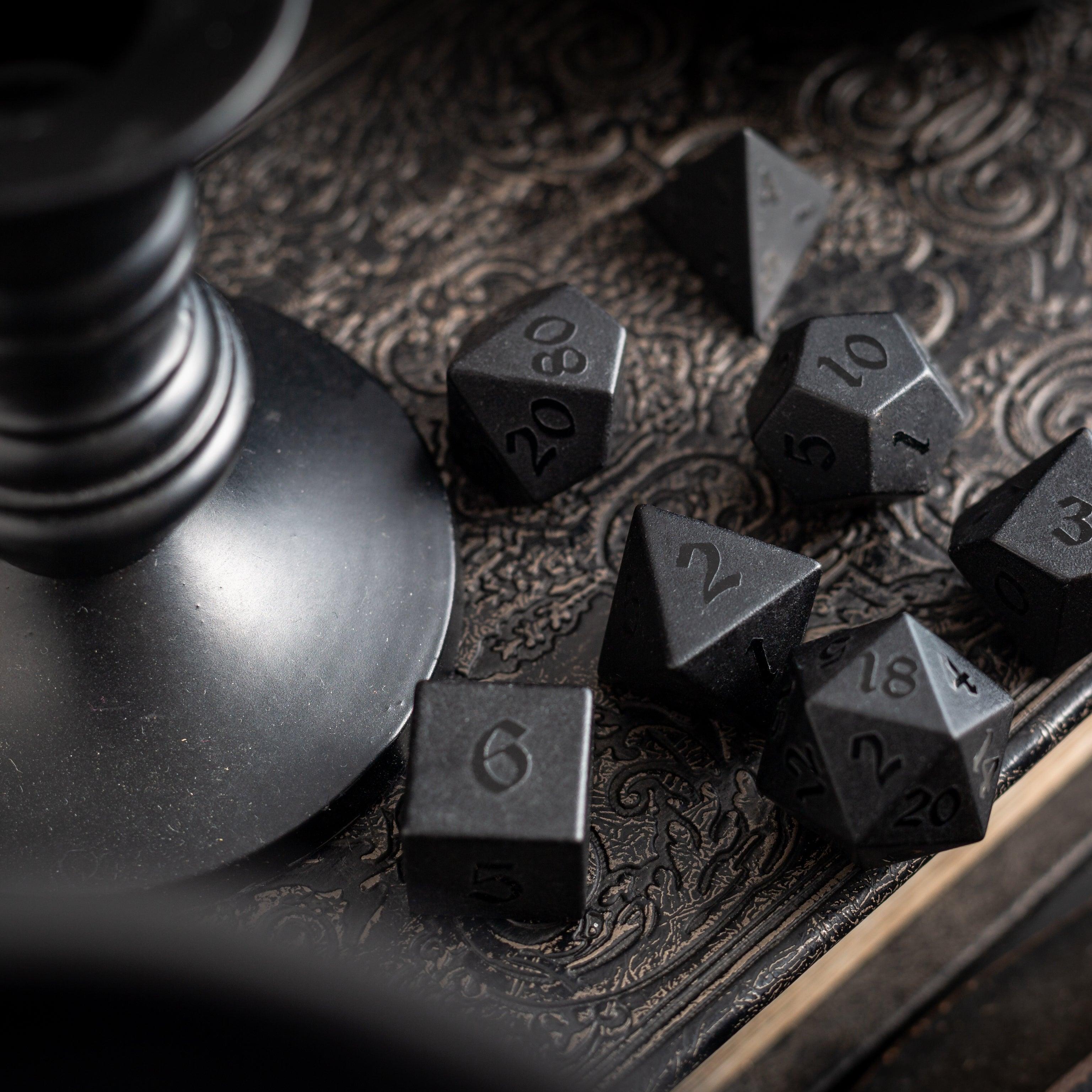 Gemstone Black Night Raised Obsidian Hand Carved DND Dice Set | Gemstone Dice | Wiccan Center