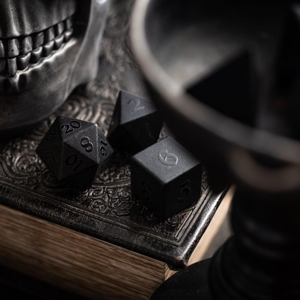 Gemstone Black Night Raised Obsidian Hand Carved DND Dice Set | Gemstone Dice | Wiccan Center