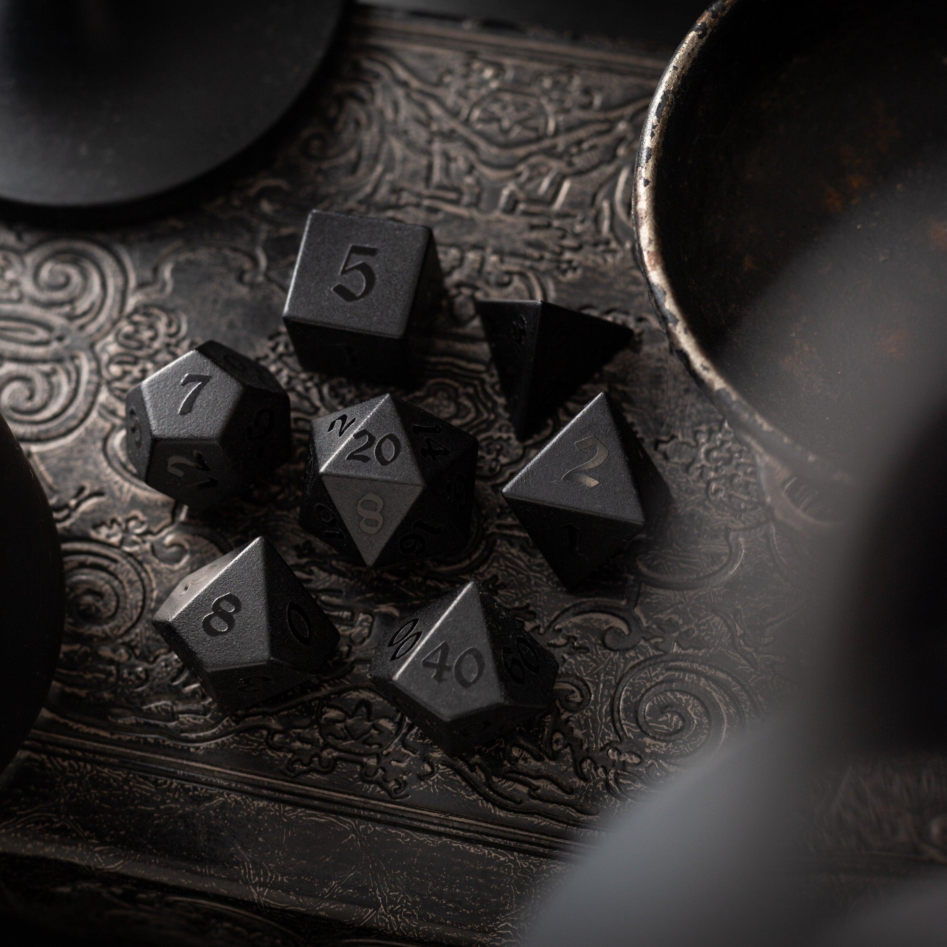 Gemstone Black Night Raised Obsidian Hand Carved DND Dice Set | Gemstone Dice | Wiccan Center