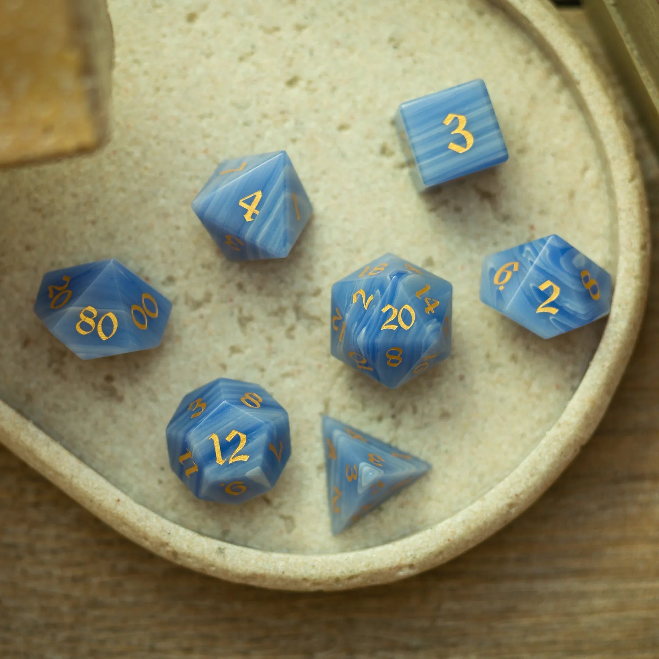 Gemstone Blue Lace Agate Eye Stone Hand Carved DND Dice Set | Gemstone Dice | Wiccan Center