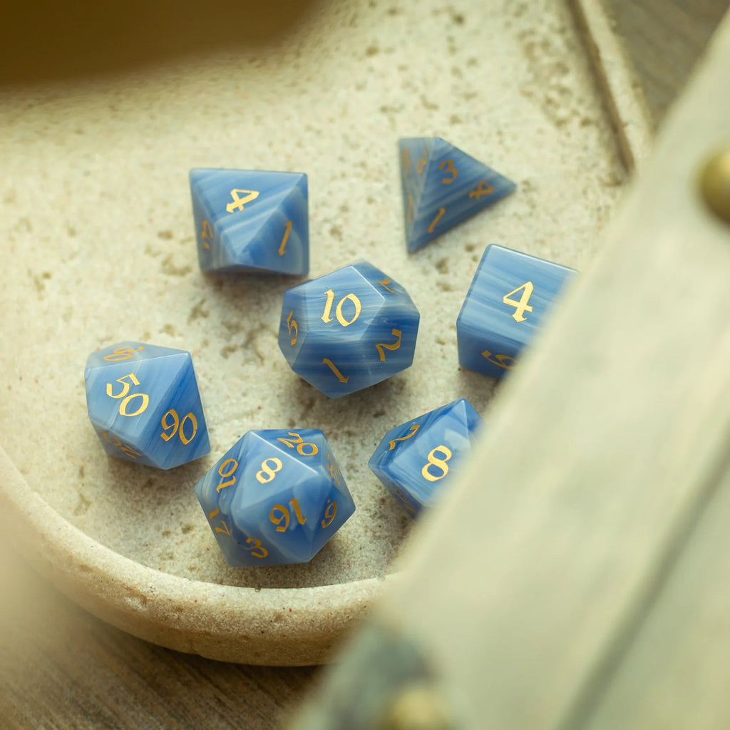 Gemstone Blue Lace Agate Eye Stone Hand Carved DND Dice Set | Gemstone Dice | Wiccan Center
