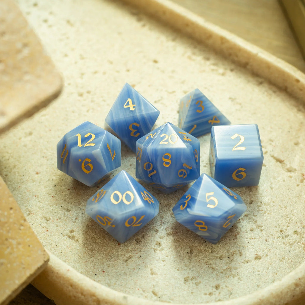 Gemstone Blue Lace Agate Eye Stone Hand Carved DND Dice Set | Gemstone Dice | Wiccan Center