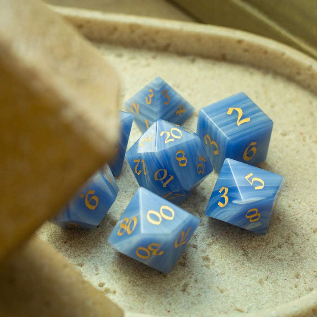 Gemstone Blue Lace Agate Eye Stone Hand Carved DND Dice Set | Gemstone Dice | Wiccan Center
