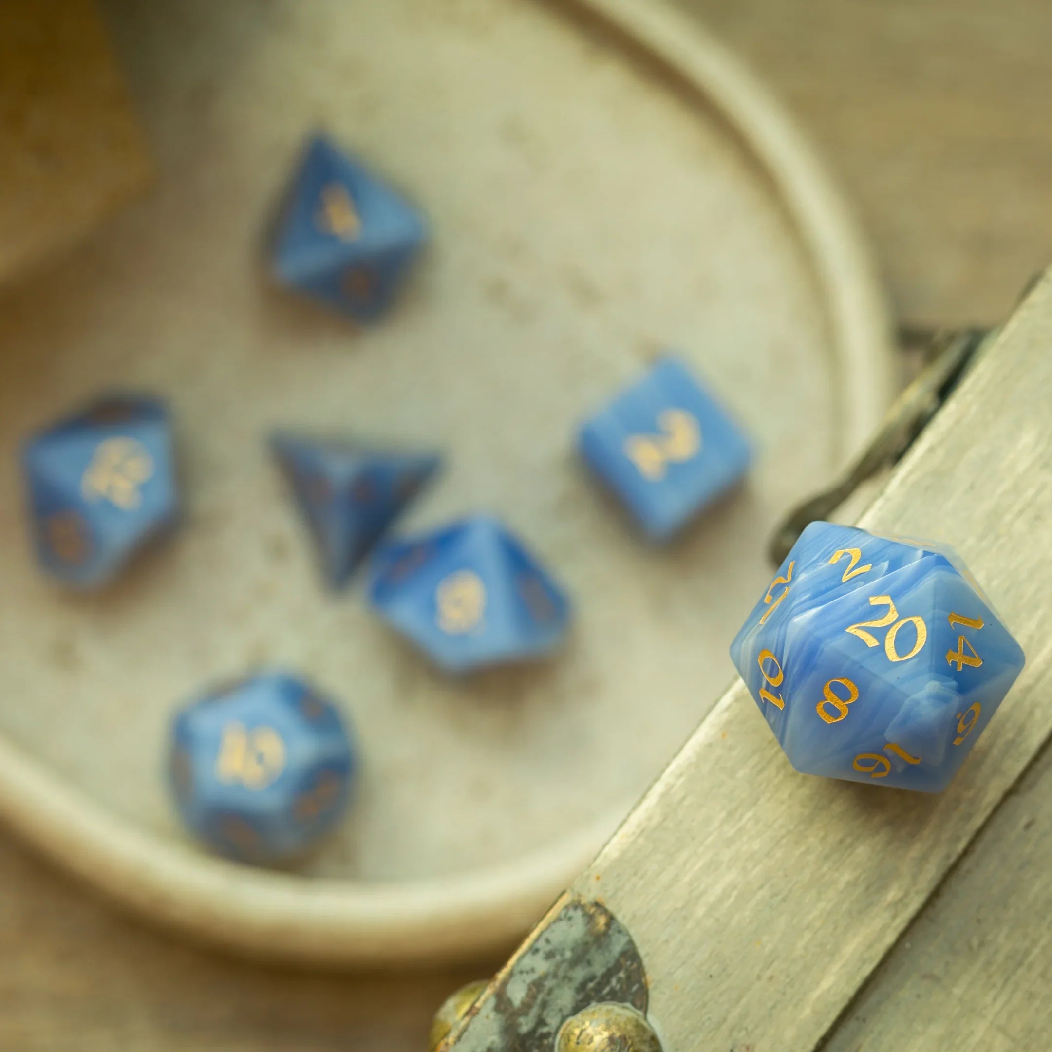 Gemstone Blue Lace Agate Eye Stone Hand Carved DND Dice Set | Gemstone Dice | Wiccan Center