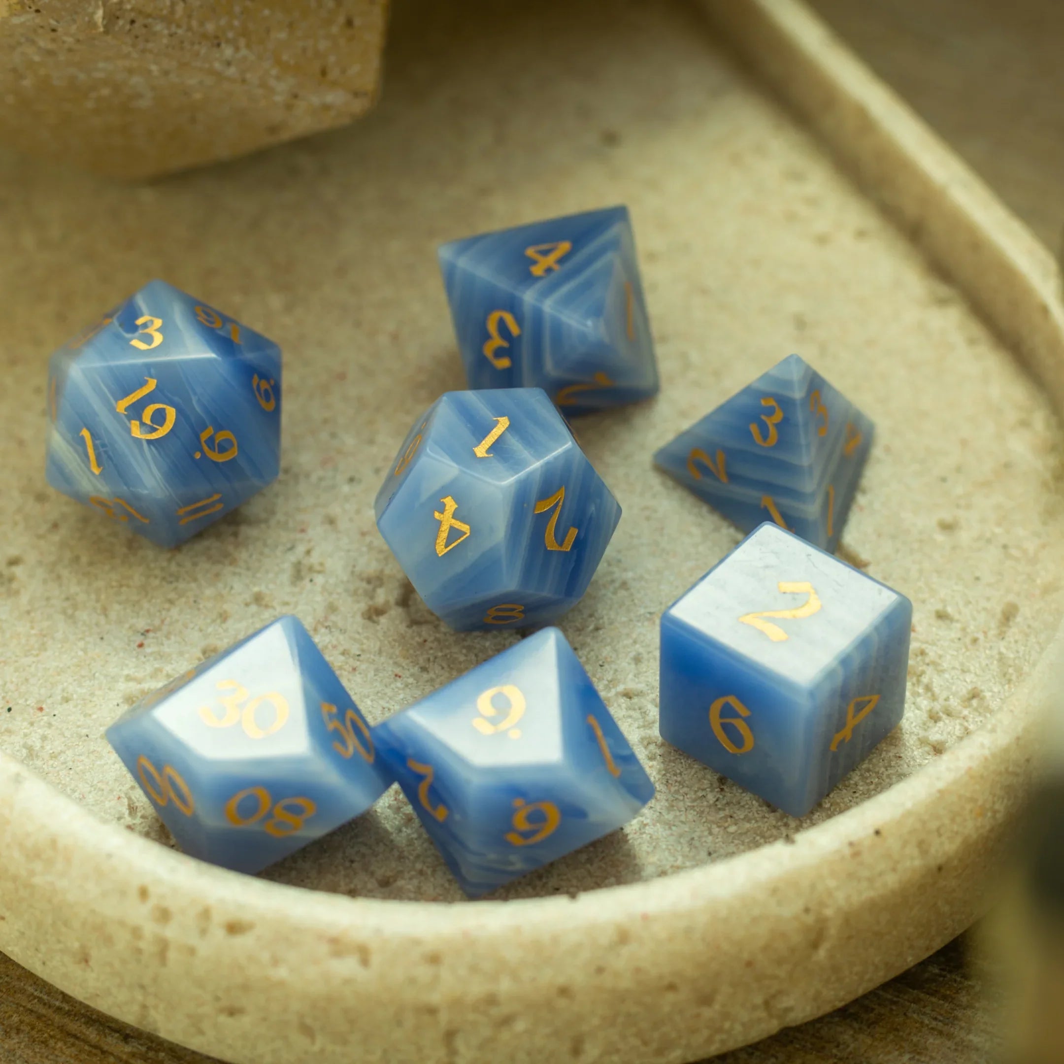 Gemstone Blue Lace Agate Eye Stone Hand Carved DND Dice Set | Gemstone Dice | Wiccan Center