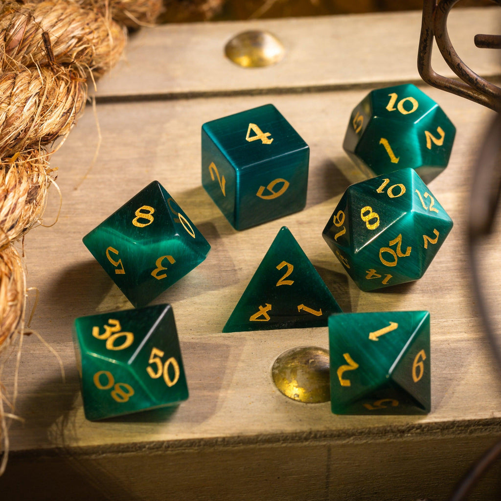 Gemstone Dark Green Cats Eye Stone Hand Carved DND Dice Set | Gemstone Dice | Wiccan Center