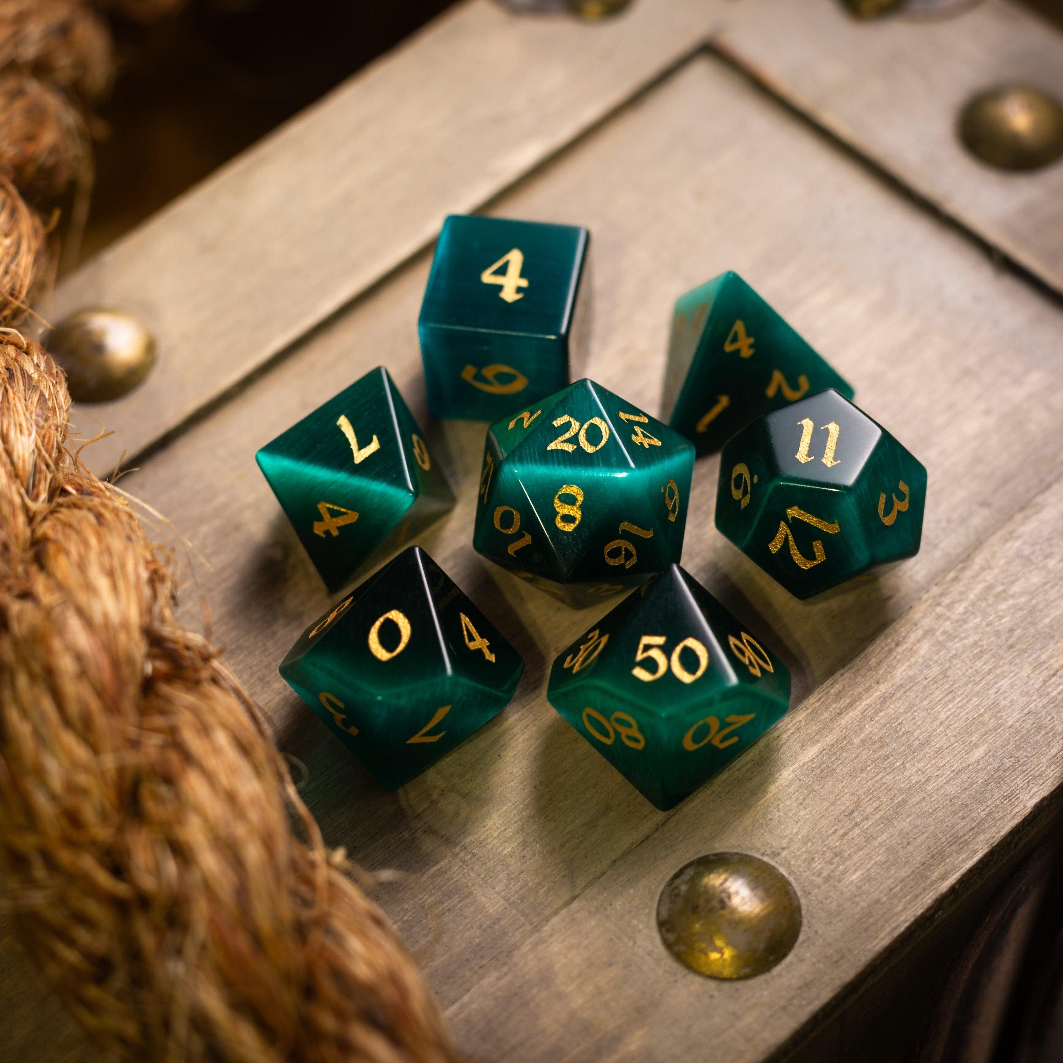 Gemstone Dark Green Cats Eye Stone Hand Carved DND Dice Set | Gemstone Dice | Wiccan Center