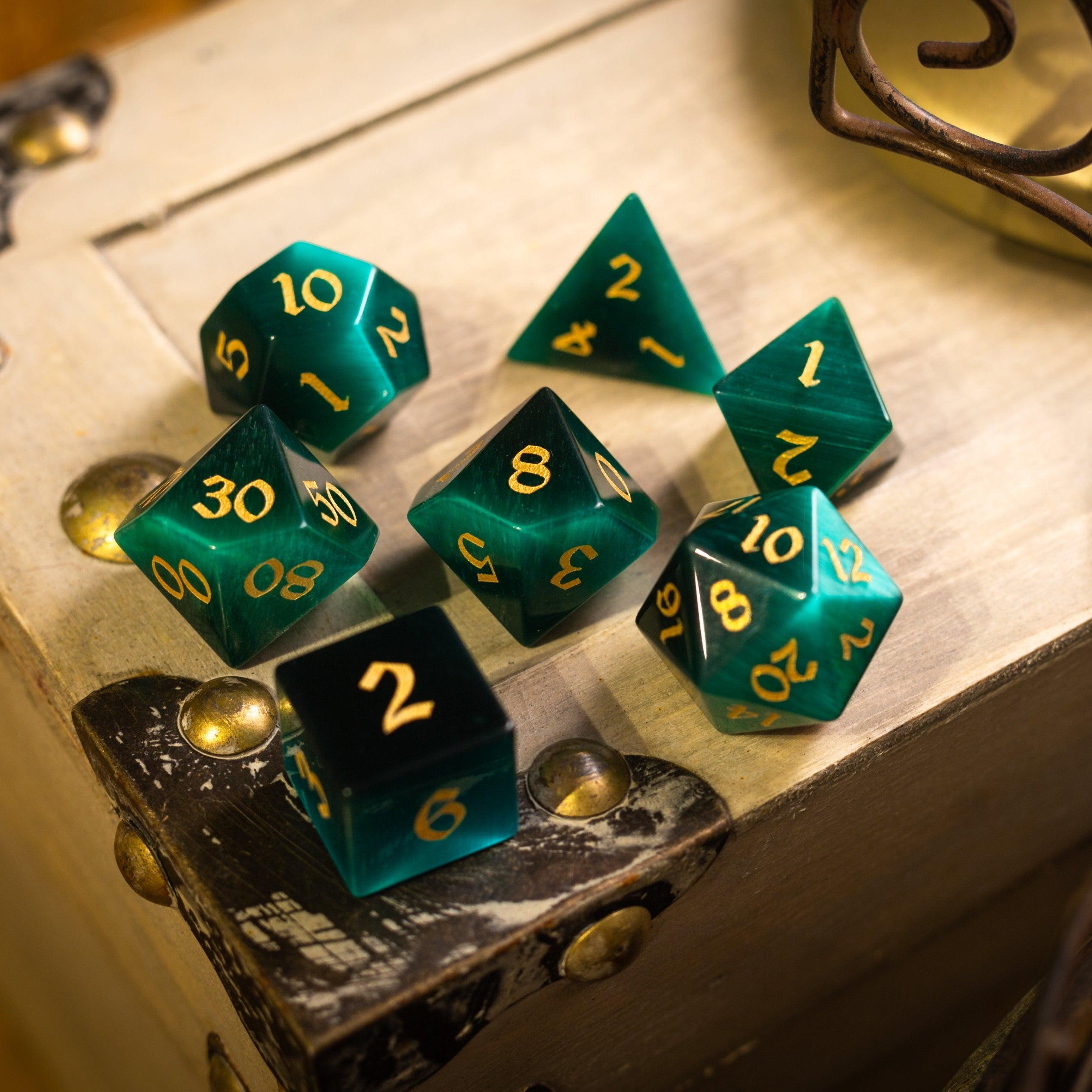 Gemstone Dark Green Cats Eye Stone Hand Carved DND Dice Set | Gemstone Dice | Wiccan Center