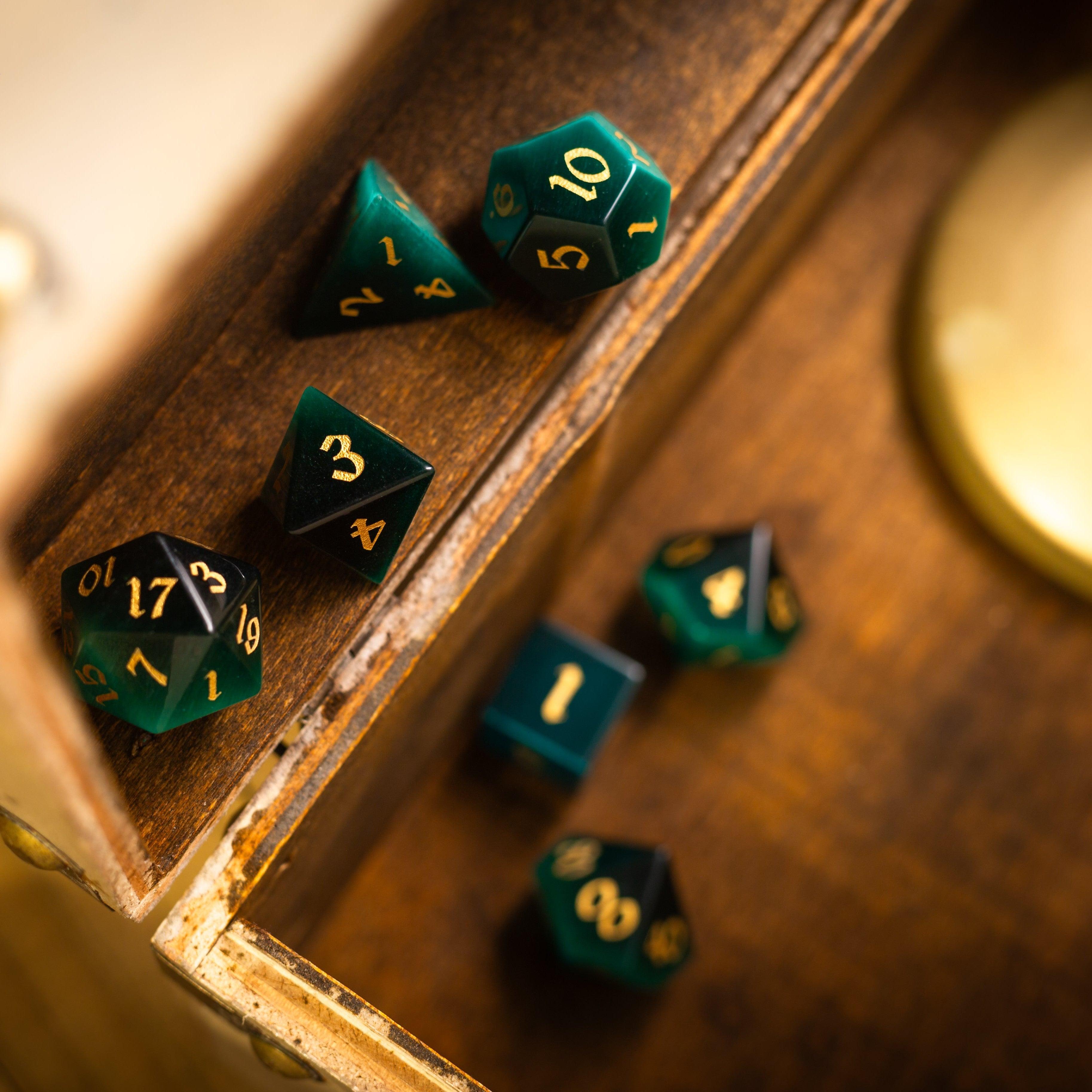 Gemstone Dark Green Cats Eye Stone Hand Carved DND Dice Set | Gemstone Dice | Wiccan Center