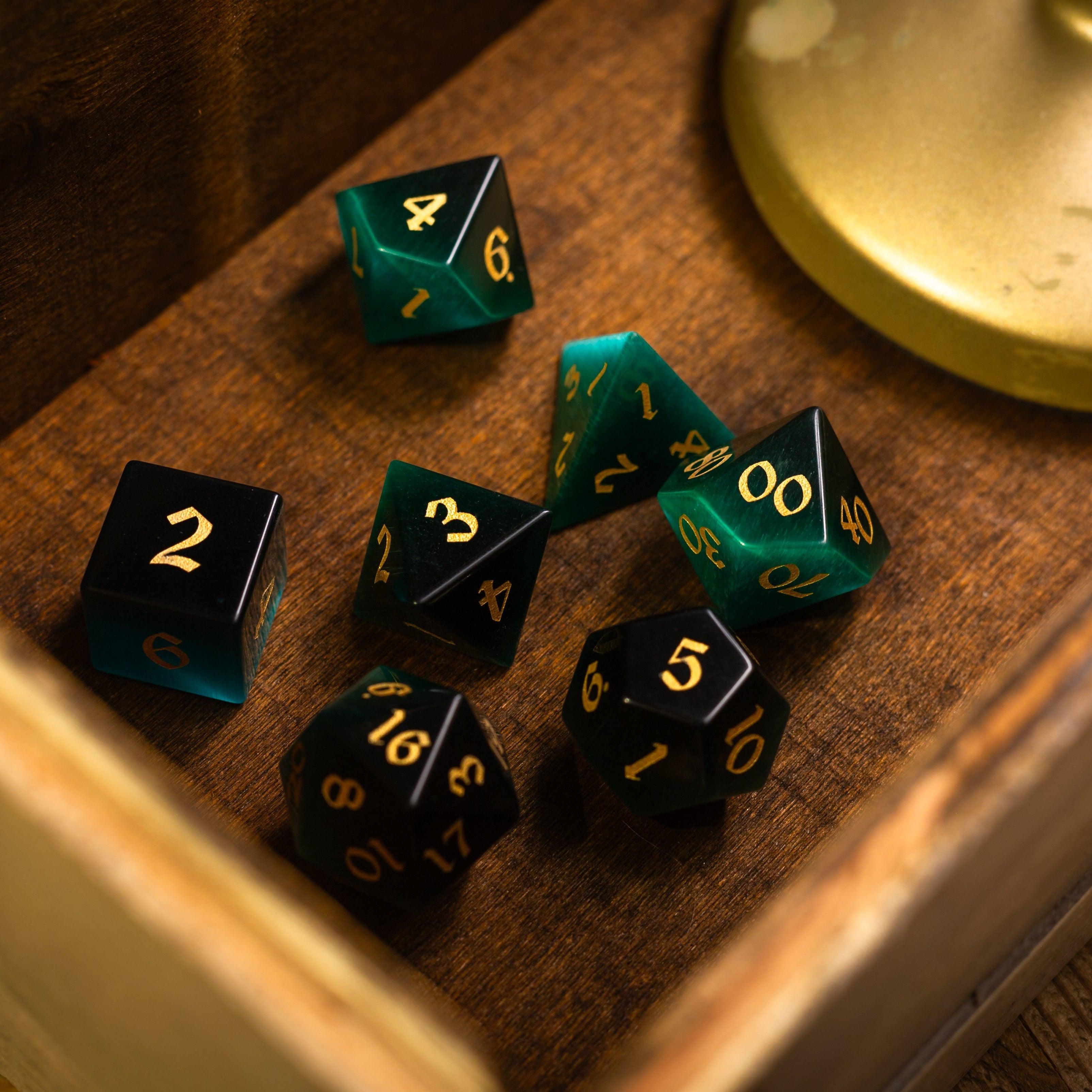Gemstone Dark Green Cats Eye Stone Hand Carved DND Dice Set | Gemstone Dice | Wiccan Center