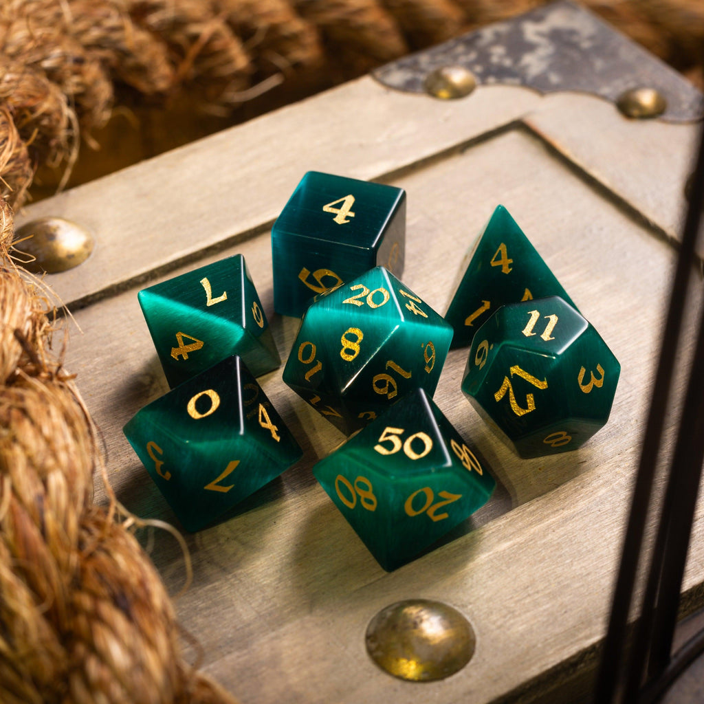 Gemstone Dark Green Cats Eye Stone Hand Carved DND Dice Set | Gemstone Dice | Wiccan Center