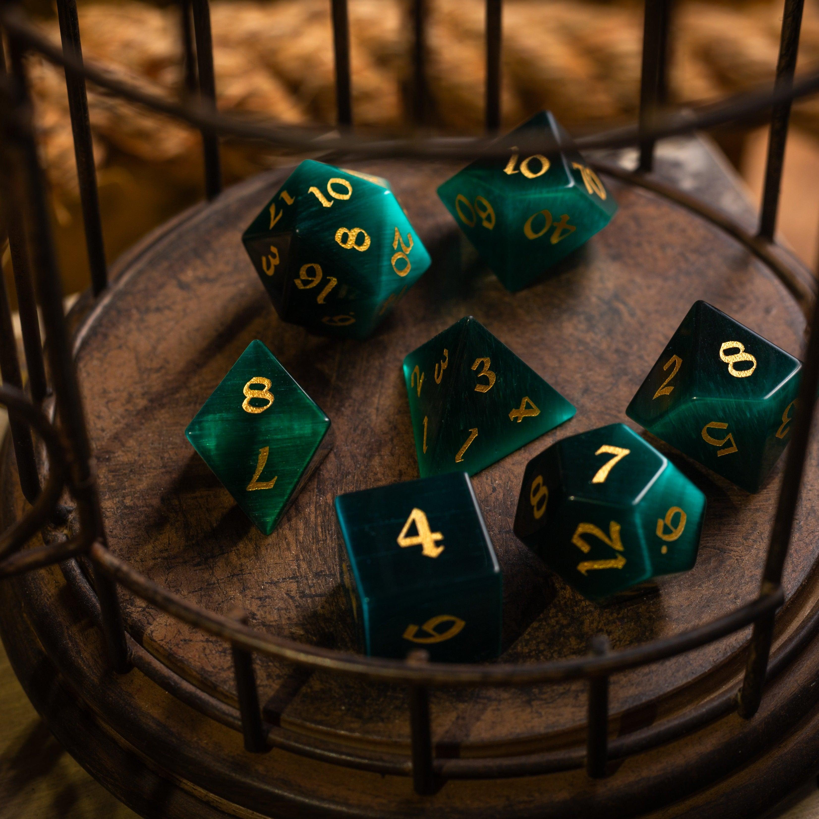 Gemstone Dark Green Cats Eye Stone Hand Carved DND Dice Set | Gemstone Dice | Wiccan Center