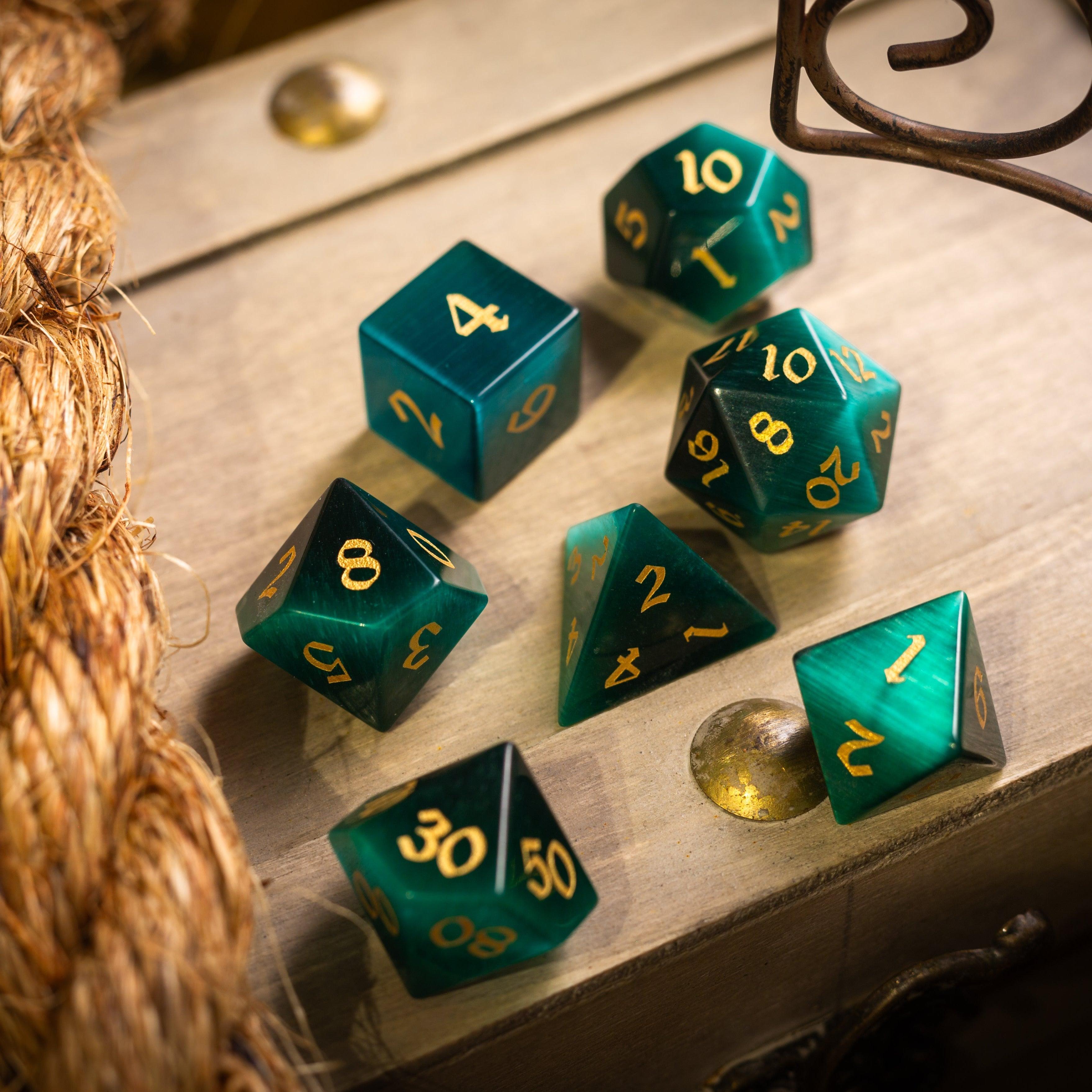 Gemstone Dark Green Cats Eye Stone Hand Carved DND Dice Set | Gemstone Dice | Wiccan Center